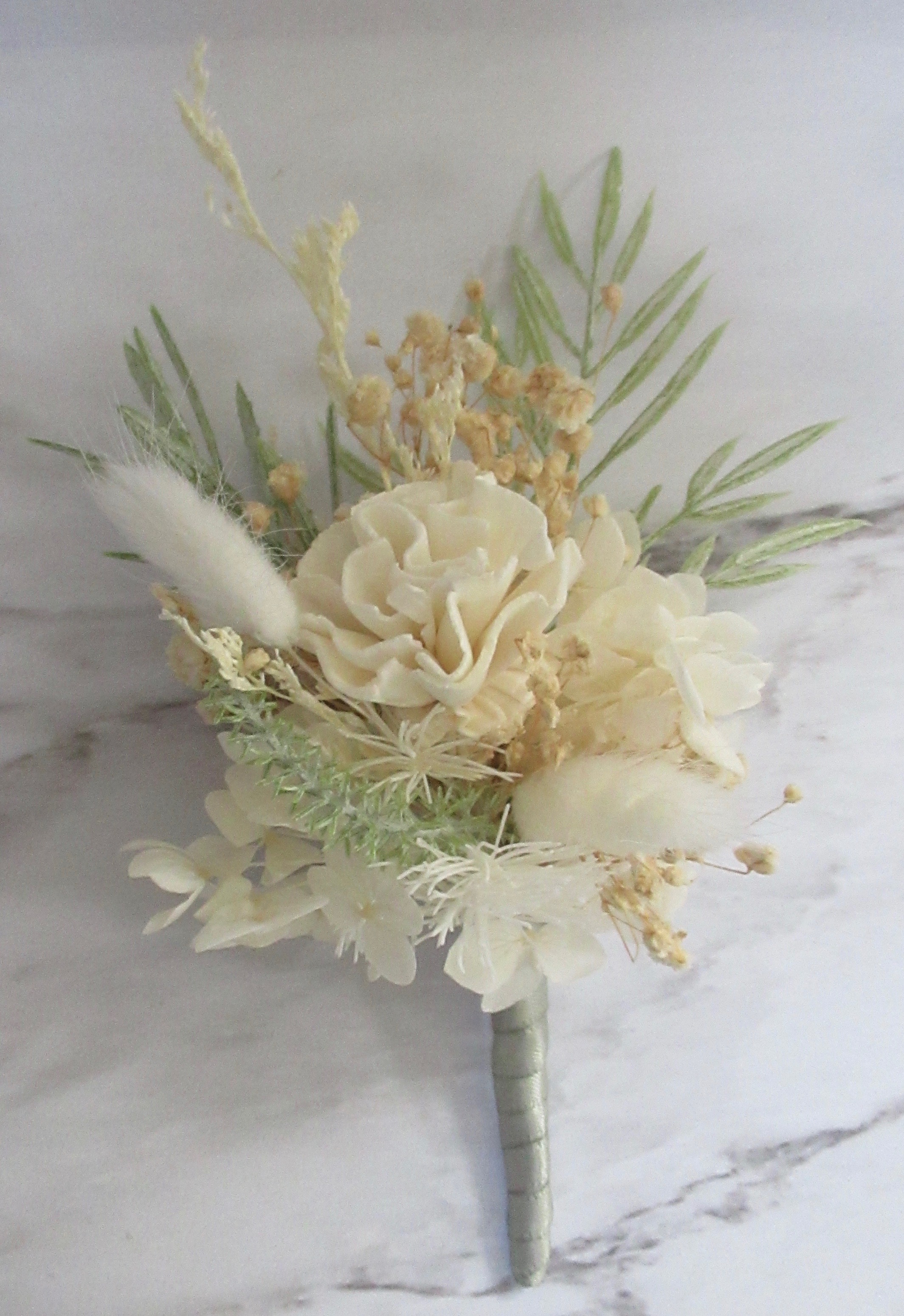 sage green & ivory buttonhole, dried preserved buttonholes